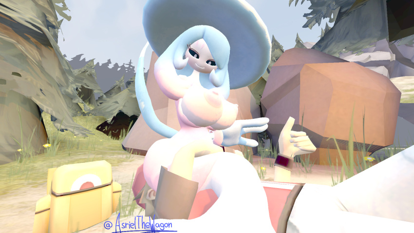 3d_(artwork) anthro big_breasts big_butt blue_hair breasts butt clothing digital_media_(artwork) duo facesit facesitting female hair hatterene hi_res human humanoid male mammal nintendo nipples not_furry nude pok&eacute;mon pok&eacute;mon_(species) pok&eacute;mon_trainer smile source_filmmaker video_games