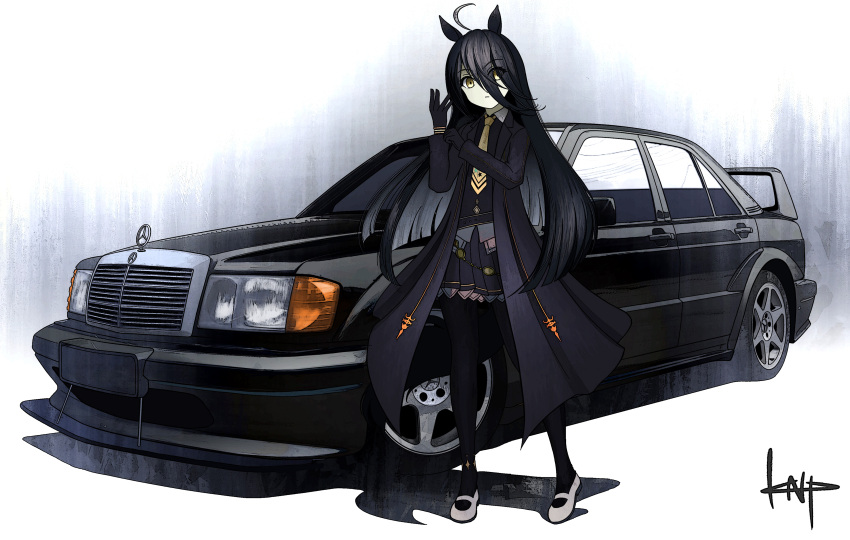 1girl absurdres ahoge animal_ears artist_name belly_chain black_car black_coat black_gloves black_hair black_pantyhose black_shirt black_skirt blouse car closed_mouth clothes_lift coat collared_shirt commentary dress dress_lift dress_shirt frown gloves grey_footwear hair_between_eyes highres horse_ears horse_girl horse_tail jewelry kano_(nakanotakahiro1029) logo long_bangs long_coat long_hair long_sleeves looking_at_viewer manhattan_cafe_(umamusume) mary_janes mercedes-benz_190e miniskirt motor_vehicle necktie open_clothes open_coat pantyhose pleated_skirt shadow shirt shoes signature skirt solo standing tail umamusume vehicle_focus yellow_eyes yellow_necktie
