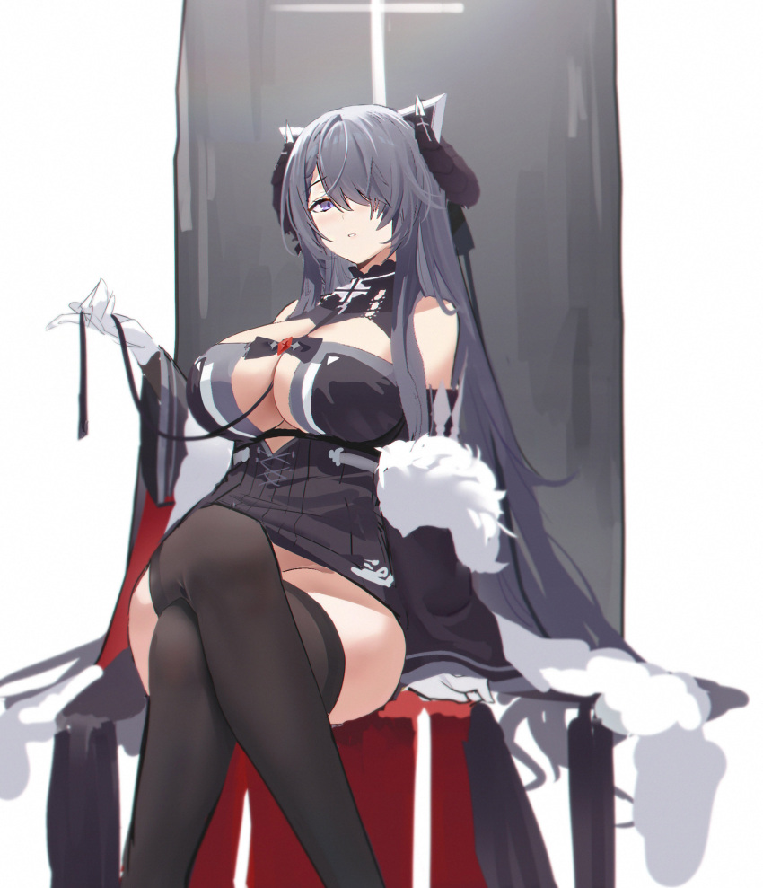 1girl august_von_parseval_(azur_lane) azur_lane banxuan_c2ka bare_shoulders between_breasts black_dress breasts cleavage crossed_legs curled_horns dress gloves hair_over_one_eye highres horns large_breasts long_hair ribbon sitting solo very_long_hair white_gloves