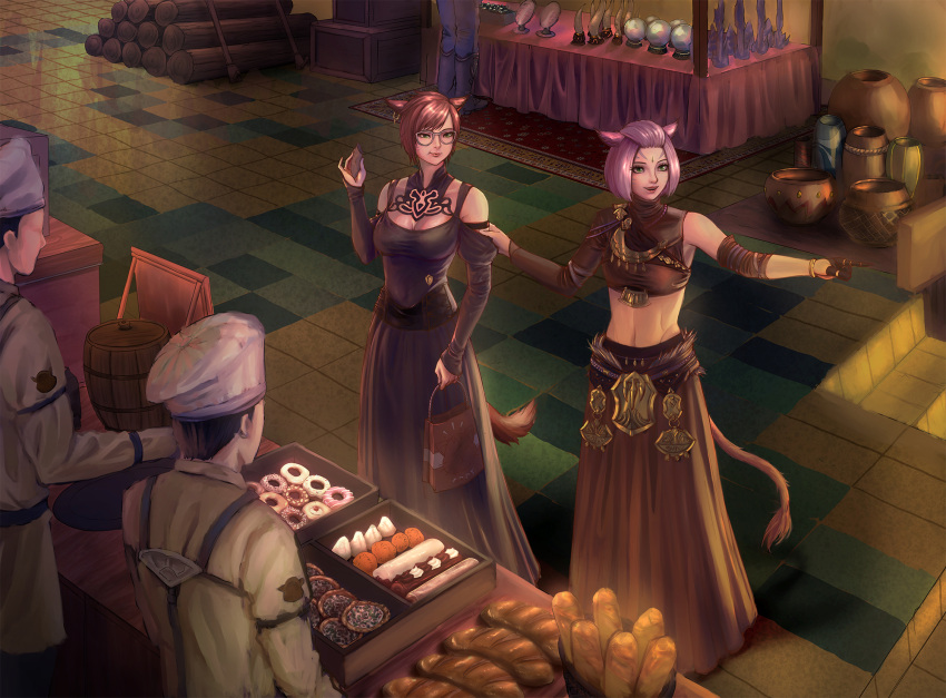 2girls 3boys animal_ears asymmetrical_clothes avatar_(ff14) bangs bread breasts cat_ears cat_tail chef_hat cleavage commission crystal_ball earrings eating facial_mark final_fantasy final_fantasy_xiv food glasses gloves green_eyes half_gloves hat highres jewelry market_stall medium_breasts midriff miqo'te multiple_boys multiple_girls pink_hair pointing seneka_grafika short_hair single_glove swept_bangs tail whisker_markings