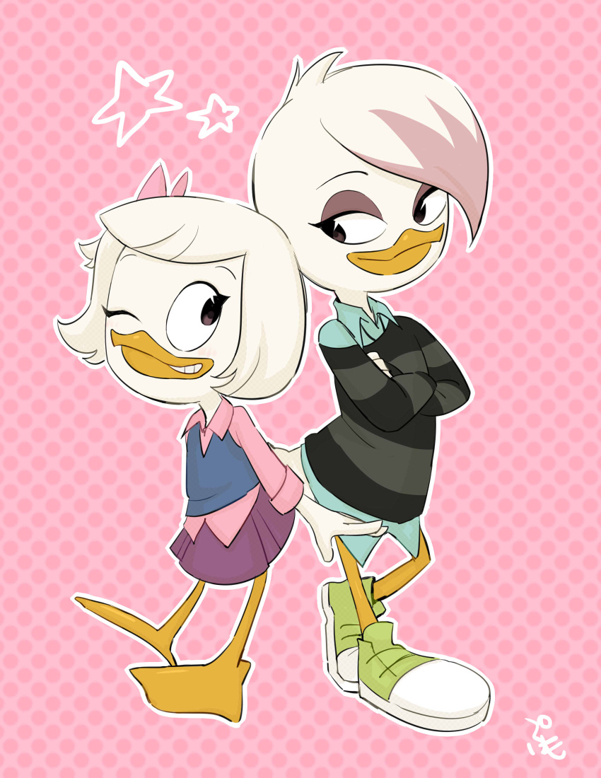 2018 anatid anseriform anthro avian beak bird clothed clothing crossed_arms disney duck ducktales ducktales_(2017) duo female footwear full-length_portrait hair hi_res lena_(ducktales) one_eye_closed pink_background portrait pumo_hyena shoes simple_background smile star webby_vanderquack young