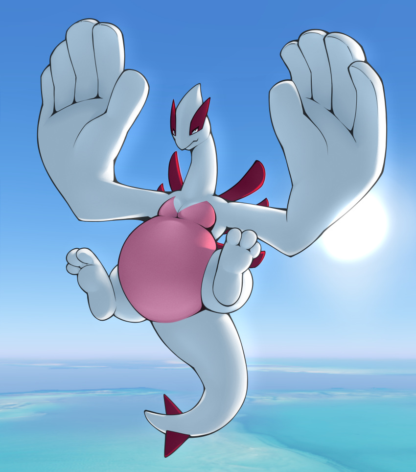 2016 absurd_res ambiguous_gender avian belly big_hands detailed_background feral flying hi_res legendary_pok&eacute;mon looking_at_viewer lugia multicolored_body nintendo pink_body pok&eacute;mon pok&eacute;mon_(species) shiny_pok&eacute;mon sky solo splashyu sun two_tone_body video_games white_body