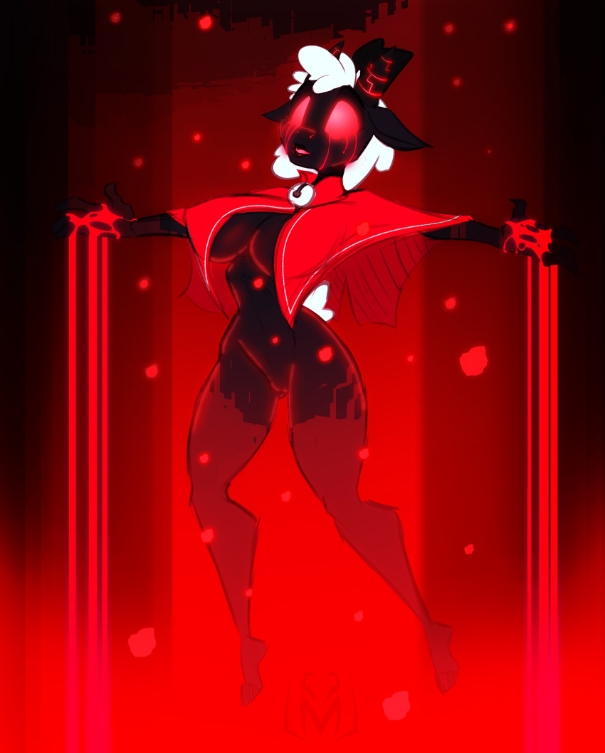 absurd_res anthro blood bodily_fluids bovid breasts caprine cult_of_the_lamb featureless_crotch glowing hair hi_res horn jrvanesbroek mammal red_eyes red_theme sheep spread_legs spreading white_hair wide_hips