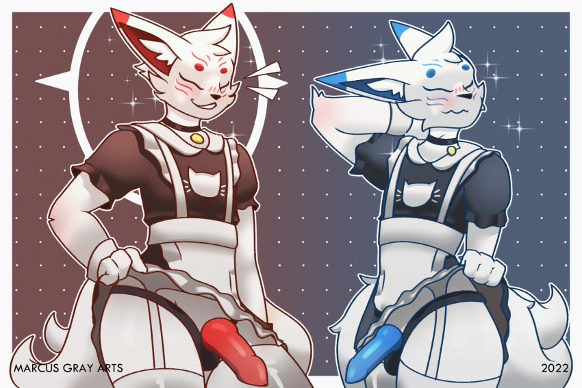 anthro blush bottomwear canid canine choker clothed clothing clothing_lift duo fox genitals girly hi_res jewelry legwear maid_uniform male mammal marcus_gray necklace penis shy skirt skirt_lift thigh_highs uniform