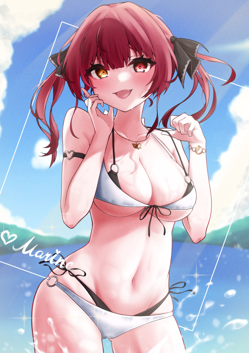 1girl absurdres arm_strap bikini black_bikini black_bow blush bow breasts character_name cleavage double_bikini fang gold_necklace hair_bow hair_ornament heart heart_necklace heterochromia highres hololive houshou_marine island jewelry large_breasts long_hair looking_at_viewer matcha_amigo navel necklace open_mouth red_eyes red_hair side-tie_bikini swimsuit tongue twintails virtual_youtuber water white_bikini yellow_eyes