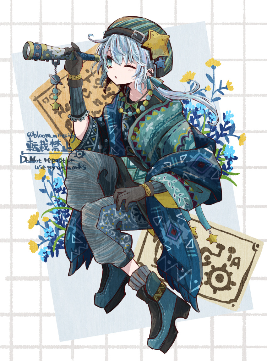 1boy androgynous bloomminority blue_background blue_eyes blush boots fantasy flower full_body highres long_hair long_sleeves low_ponytail male_focus multicolored_background one_eye_closed open_mouth original ponytail solo star_(symbol) telescope white_background white_hair