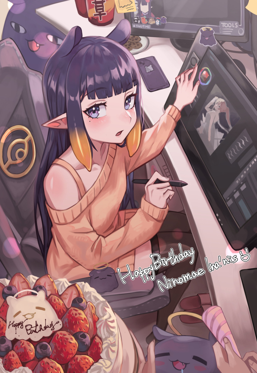 1girl :3 absurdres blue_eyes blueberry cake cellphone chair commentary cookie drawing_tablet drooling english_commentary fang flat_chest food fruit gradient_hair halo happy_birthday highres hololive hololive_english indoors instant_ramen kiwwwwwi long_hair mole mole_under_eye monitor multicolored_hair ninomae_ina'nis octopus office_chair orange_hair orange_sweater party_popper pen phone plate pointy_ears purple_hair sidelocks sitting slippers smartphone sticky_note strawberry stylus sweater table takodachi_(ninomae_ina'nis) tentacle_hair tentacles thighhighs very_long_hair virtual_youtuber