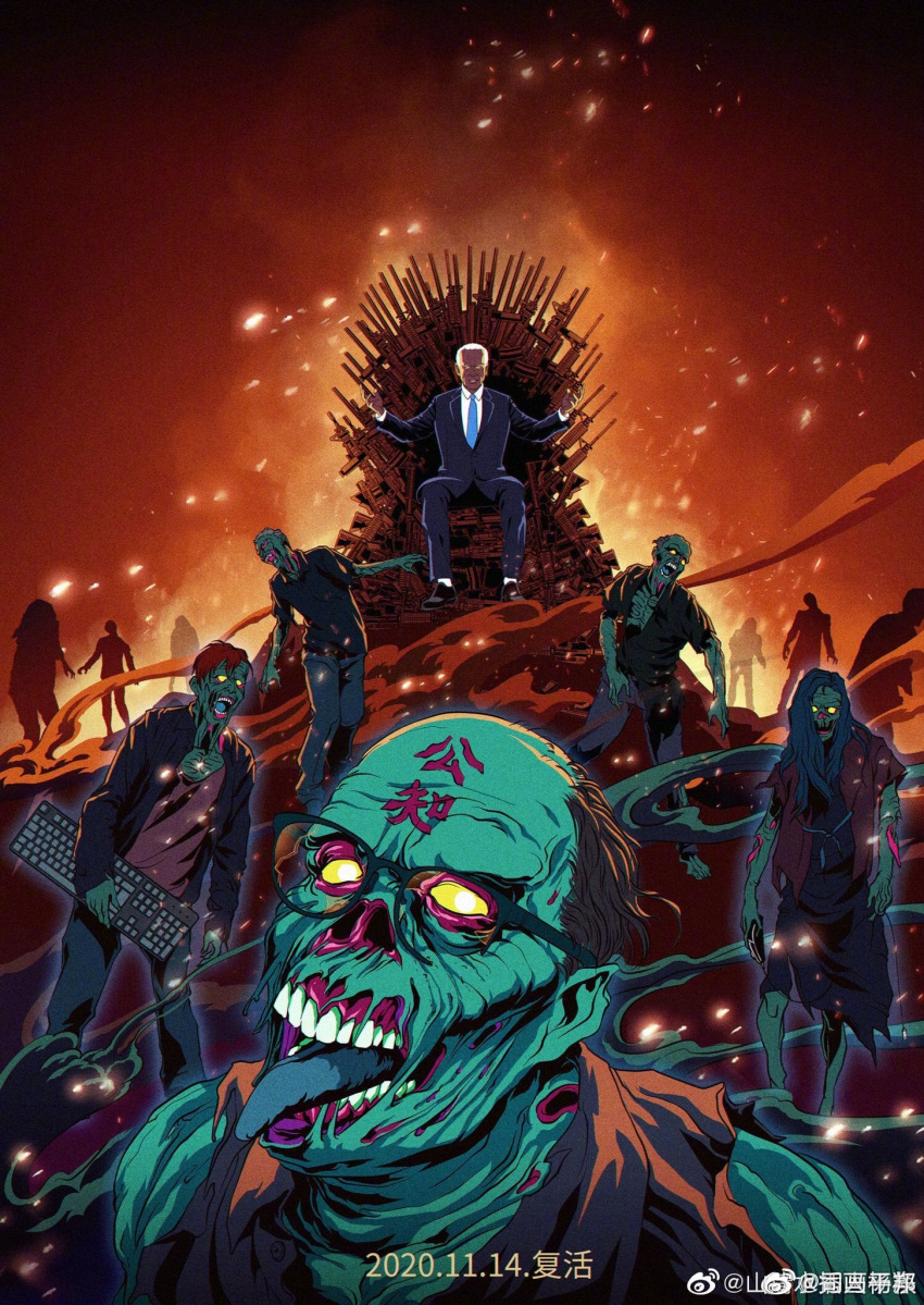 ar-15 bad_source chinese_text formal glowing glowing_eyes gun highres iron_throne joe_biden keyboard_(computer) rifle suit weapon weibo_logo zombie