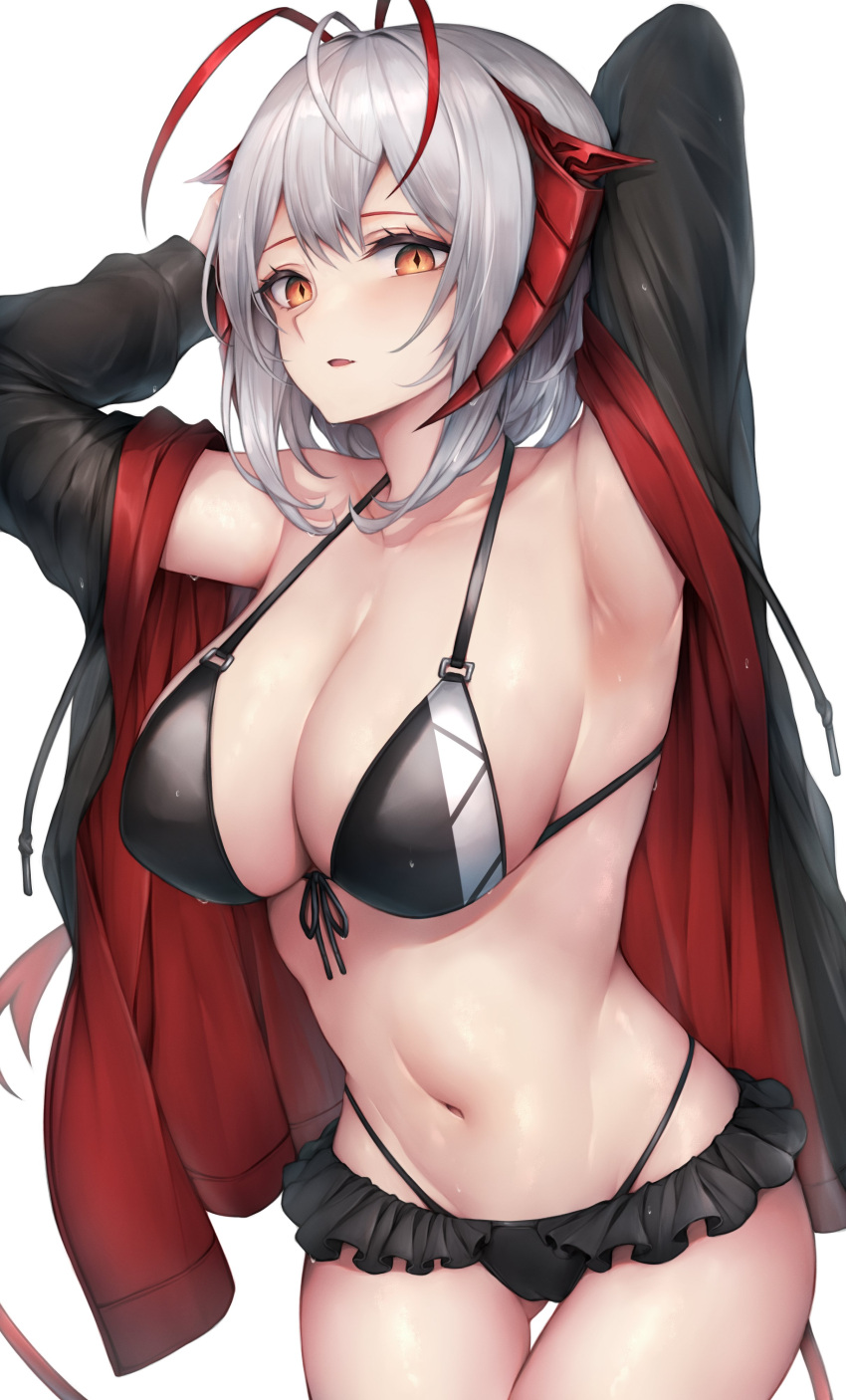 1girl absurdres ahoge antenna_hair arknights armpits arms_behind_head arms_up ass_visible_through_thighs bare_shoulders bikini black_bikini black_jacket breasts cameltoe cleavage cowboy_shot front-tie_bikini front-tie_top halterneck highleg highleg_bikini highres horns jacket large_breasts long_sleeves navel off_shoulder open_clothes open_jacket orange_eyes parted_lips snm_(sunimi) solo stomach string_bikini swimsuit thigh_gap thighs w_(arknights) wet white_hair