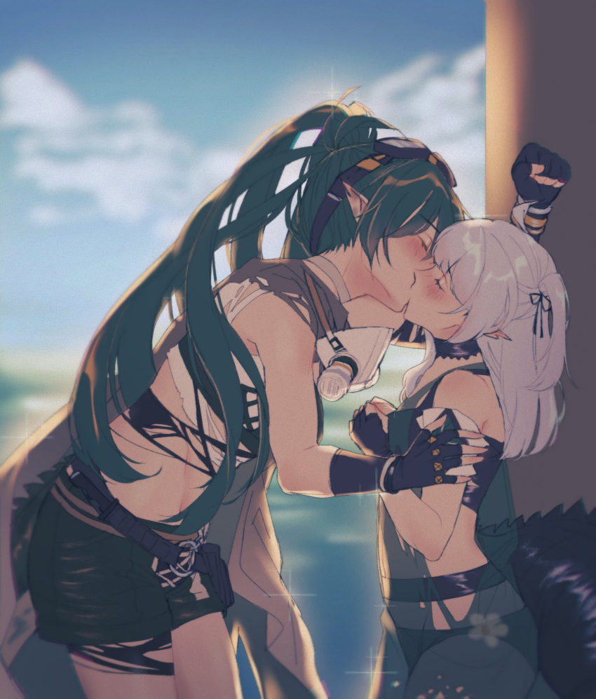 2girls arknights bandages bangs black_swimsuit blush choker closed_eyes commentary english_commentary fingerless_gloves gas_mask gavial_(arknights) gavial_the_invincible_(arknights) gloves goggles goggles_on_head green_hair hand_on_another's_arm height_difference highres kabedon kiss long_hair mask midriff multiple_girls official_alternate_costume orz_(kagewaka) pointy_ears ribbon see-through shorts sidelocks swimsuit tail tomimi_(arknights) white_hair yuri