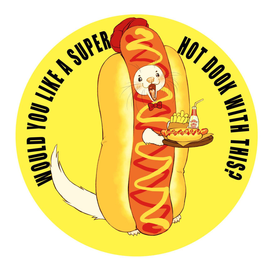 beverage blush bow_tie domestic_ferret food fur hi_res hot_dog hot_dog_costume ichigodawashi ketchup mammal mustard mustela mustelid musteline serving_tray smile soda true_musteline white_body white_fur