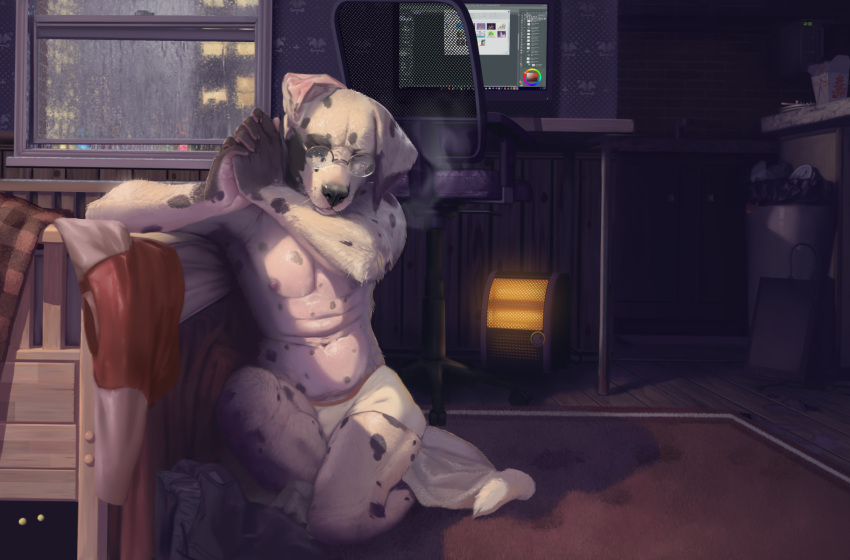 anthro bedroom belly canid canine canis chair city clothing cold computer dalmatian domestic_dog eyes_closed eyewear fur furniture fuzzle_(artist) glasses heater hi_res kitchen male mammal nipples office_chair pink_belly praying raining removed_clothing solo spots underwear wet wet_body wet_fur