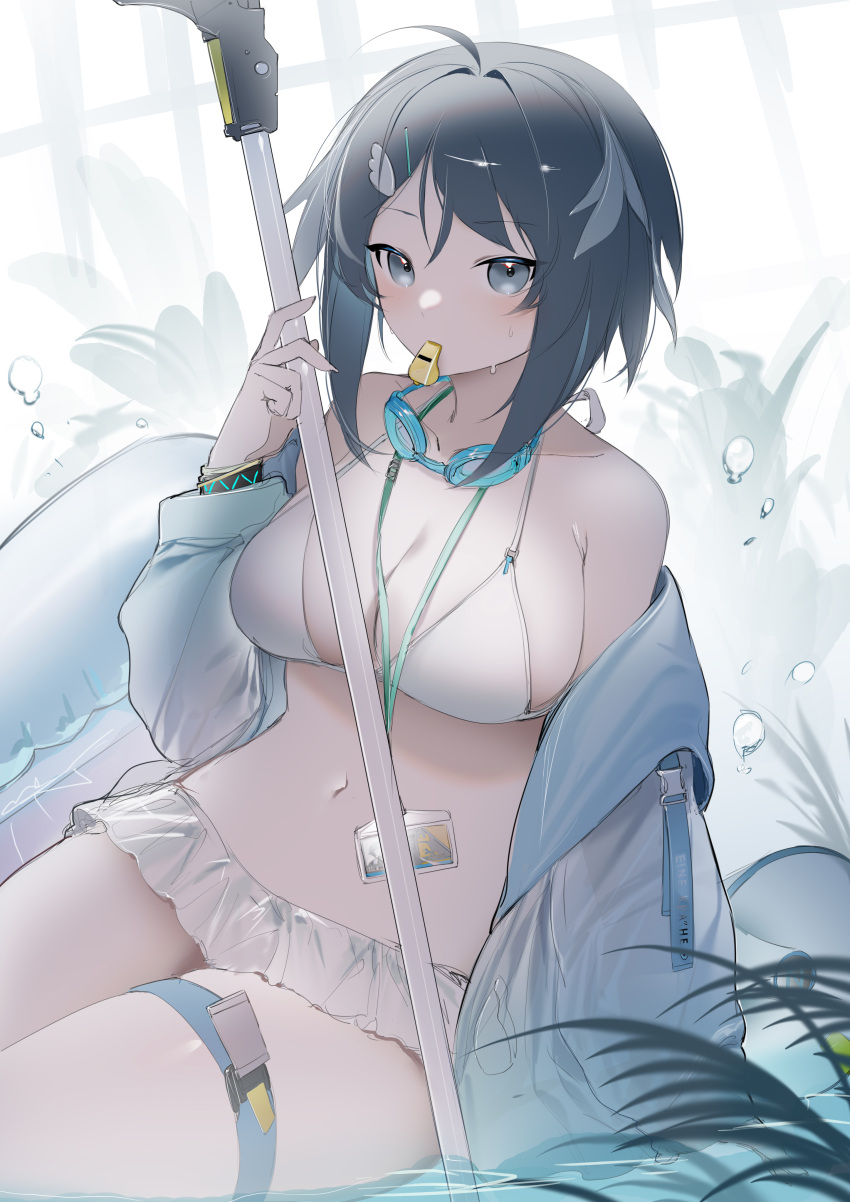 1girl absurdres ahoge arknights bangs bare_shoulders bikini bikini_skirt black_hair blurry blurry_background breasts cleavage commentary feather_hair feet goggles goggles_around_neck highres holding jacket la_pluma_(arknights) la_pluma_(summer_flowers)_(arknights) lanyard large_breasts long_sleeves looking_at_viewer mouth_hold navel official_alternate_costume open_clothes open_jacket parted_bangs shibuya_(kurokamishain) short_hair solo string_bikini swimsuit thigh_strap thighs water whistle white_bikini