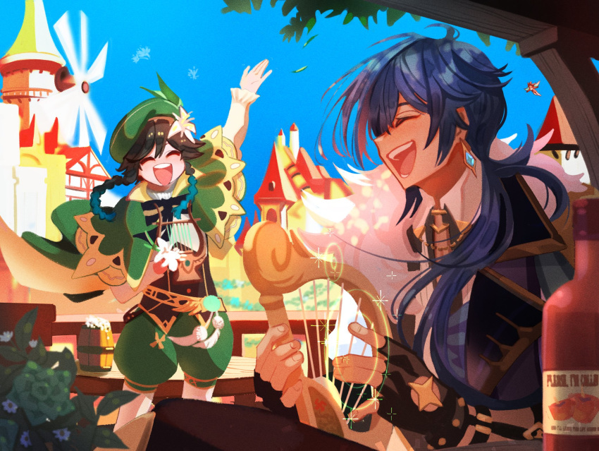 2boys :d ahoge alcohol androgynous aqua_hair bangs beret black_gloves black_hair blue_hair braid building cape closed_eyes collared_cape corset dappled_sunlight dark-skinned_male dark_skin day enpitsu01 fingerless_gloves flower frilled_sleeves frills fur-trimmed_cape fur_trim genshin_impact gloves gradient_hair green_cape green_headwear green_shorts hair_flower hair_ornament hair_over_shoulder hat highres holding holding_instrument house instrument jewelry juliet_sleeves kaeya_(genshin_impact) long_hair long_sleeves lyre male_focus multicolored_hair multiple_boys music necklace open_mouth orb outdoors pantyhose playing_instrument ponytail puffy_sleeves short_hair_with_long_locks shorts smile sparkle sunlight tower twin_braids venti_(genshin_impact) vision_(genshin_impact) white_flower windmill wine