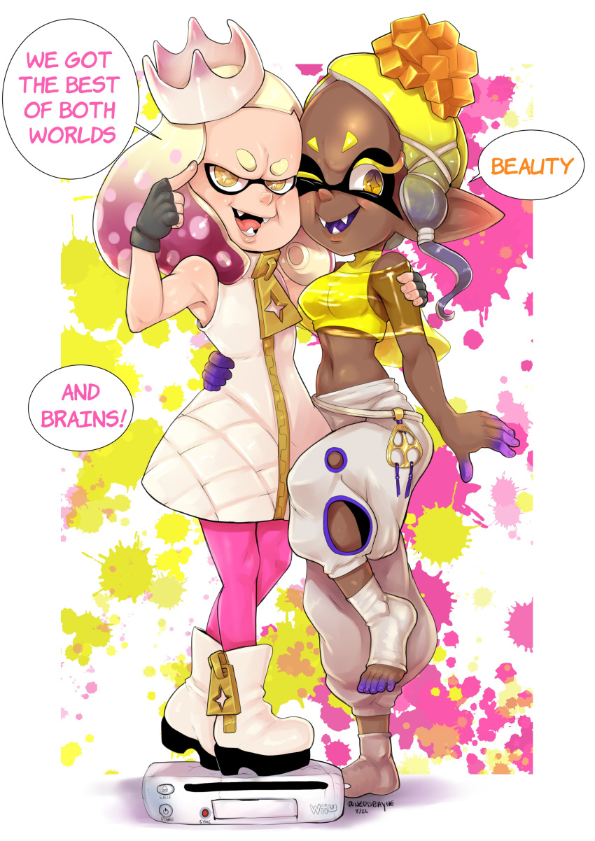 absurd_res animal_humanoid boots breasts cephalopod cephalopod_humanoid clothed clothing dark_body dark_skin digital_media_(artwork) duo english_text feet female fingerless_gloves fingers foot_on_face footwear frye_(splatoon) game_console gloves hair handwear hi_res humanoid humanoid_pointy_ears inkling larger_female legwear looking_at_viewer marine marine_humanoid mollusk mollusk_humanoid navel nerdbayne nintendo not_furry octarian octoling one_eye_closed open_mouth pearl_(splatoon) pseudo_hair shaded signature size_difference smaller_female smile speech_bubble splatoon teeth tentacle_hair tentacles text toes tongue topwear video_games wii_u wink