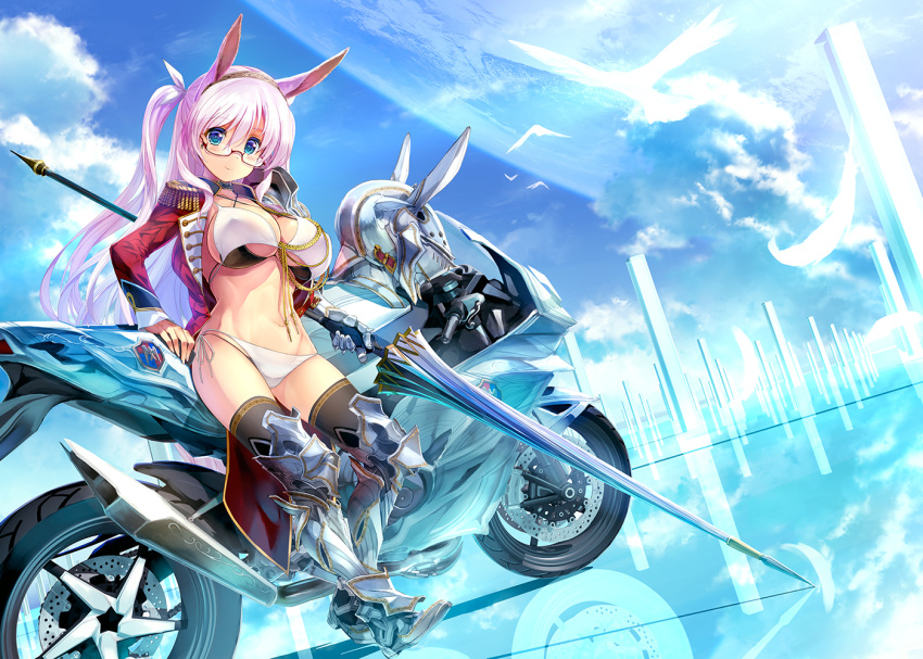 1girl animal_ears arm_at_side armor bikini bird black_choker black_thighhighs breasts choker cleavage closed_mouth cloud coattails collarbone comiket_92 commentary covered_nipples criss-cross_halter dot_nose emblem forehead full_body gauntlets glasses gold_trim greaves ground_vehicle hair_between_eyes halterneck helmet holding holding_polearm holding_weapon jacket kiryuu_takahisa knight lance large_breasts leaning_back legs_apart long_hair long_sleeves looking_at_viewer mirror motor_vehicle motorcycle navel open_clothes open_jacket original pillar pink_hair pointy_breasts polearm purple_hair red_jacket reflective_floor shadow side-tie_bikini single_gauntlet sky smile solo standing swimsuit tail thighhighs thighs two_side_up weapon