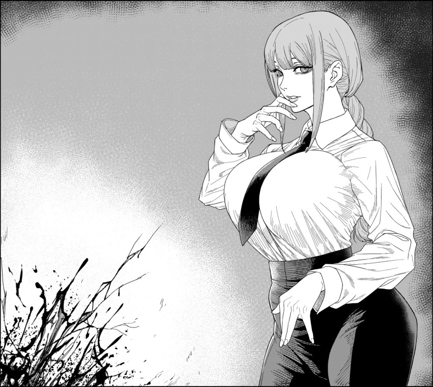 1girl alternate_breast_size bangs black_necktie black_pants blood blood_splatter blunt_bangs braid braided_ponytail breasts chainsaw_man collared_shirt curvy greyscale huge_breasts long_hair long_sleeves makima_(chainsaw_man) monochrome necktie numahana pants parted_lips shirt shirt_tucked_in solo tagme