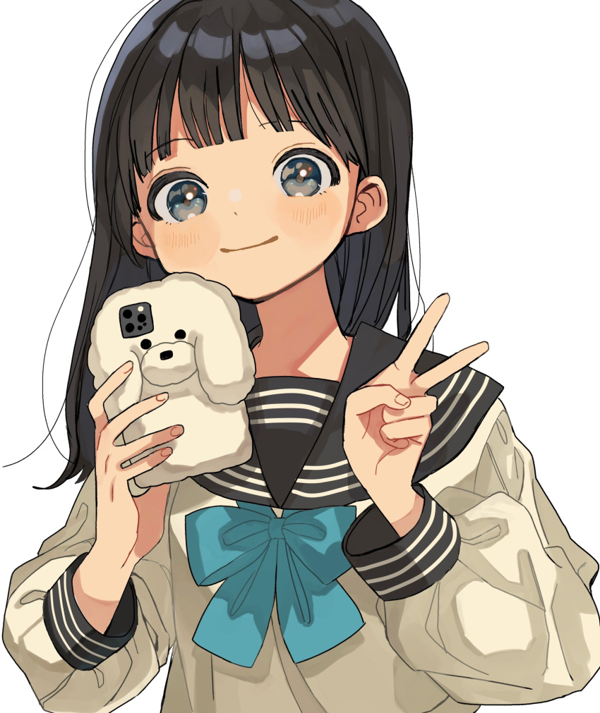 1girl absurdres akebi-chan_no_serafuku akebi_komichi black_hair blue_bow blue_eyes blush bow brown_serafuku cellphone closed_mouth commentary fingernails grey_background highres holding holding_phone long_hair maple_(abc2215) phone school_uniform selfie serafuku simple_background smile solo upper_body v