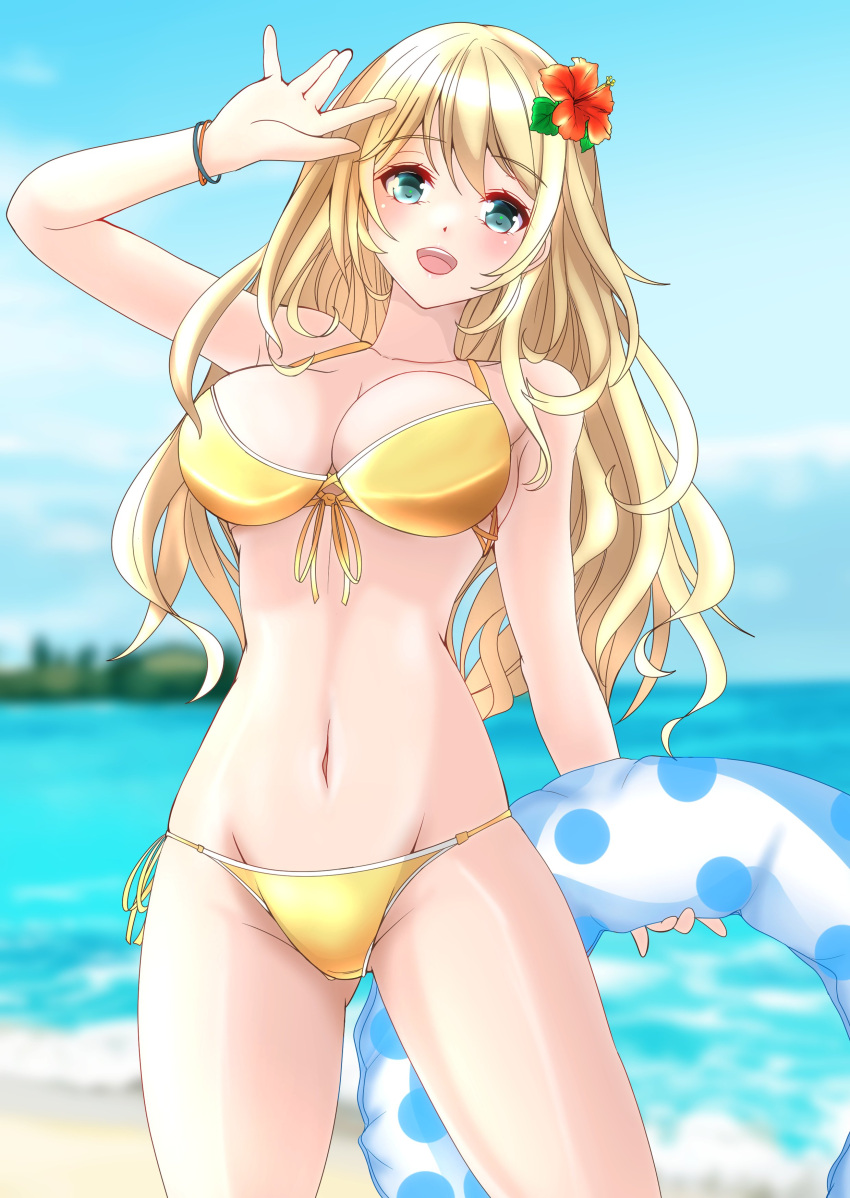 absurdres alternate_costume atago_(kancolle) beach bikini blonde_hair blue_sky blurry blurry_background breasts cloud cloudy_sky collarbone cowboy_shot day flower green_eyes hair_between_eyes hair_flower hair_ornament highres holding holding_innertube innertube island kantai_collection large_breasts long_hair looking_at_viewer nitamako_(sakamalh) ocean open_mouth outdoors sand sky smile swimsuit water yellow_bikini