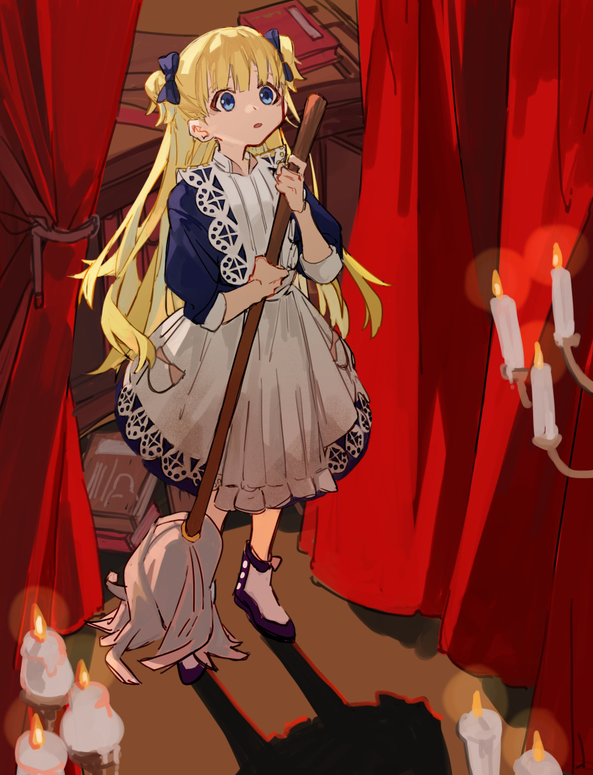 1girl :o absurdres blonde_hair blue_bow blue_eyes book bow broom candle emilico_(shadows_house) hair_bow highres holding holding_broom kurattes long_hair shadow shadows_house solo stage_curtains