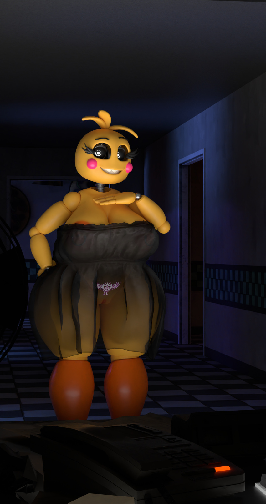 absurd_res adri164 areola big_breasts breasts clothing female five_nights_at_freddy's five_nights_at_freddy's_2 genitals hi_res lingerie looking_at_viewer nipple_piercing nipples orange_areola piercing pussy scottgames toy_chica_(fnaf) translucent translucent_clothing video_games wide_hips womb_tattoo yellow_body