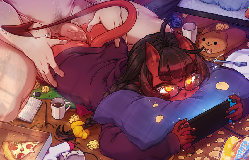 1boy 1girl ahoge anal ass ass_grab black_hair book braid chips clothed_sex colored_skin cup demon_girl demon_horns demon_tail food fork glasses grabbing_another's_ass groping hair_ornament hair_scrunchie handheld_game_console hetero highres holding holding_handheld_game_console hood hood_down hoodie horns indoors long_hair long_sleeves lying male_pubic_hair meruccubus_(merunyaa) merunyaa nintendo_switch on_stomach open_book original pen penis pillow pizza pizza_slice plate potato_chips prone_bone pubic_hair red_skin scrunchie sex solo_focus tail uncensored used_tissue yellow_eyes