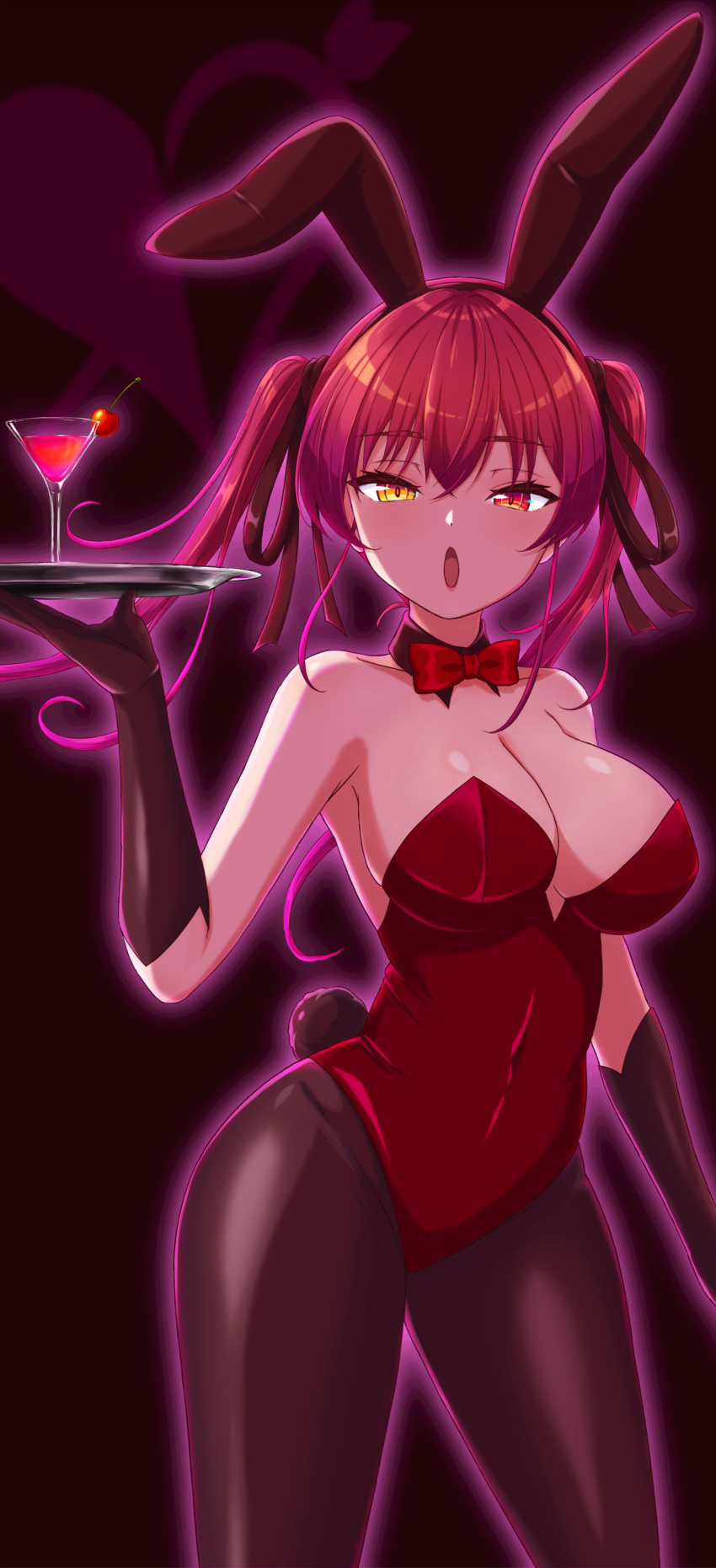 1girl absurdres alcohol animal_ears breasts cleavage collar commentary covered_navel detached_collar fake_animal_ears fake_tail gloves hachiman_tanuki heterochromia highres hololive houshou_marine large_breasts leotard long_hair looking_at_viewer navel open_mouth pantyhose playboy_bunny red_collar red_eyes red_gloves red_leotard red_pantyhose red_tail tail tray twintails virtual_youtuber yellow_eyes