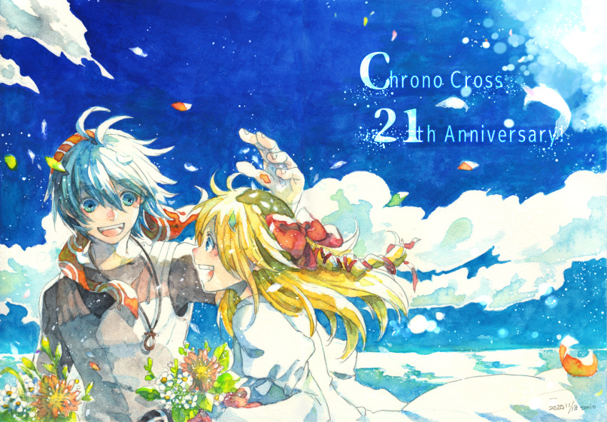 1boy 1girl :d armor bandana beach black_shirt blonde_hair blue_eyes bouquet bow chainmail chrono_cross dress falling_petals hair_between_eyes hair_bow hair_ribbon hand_up holding holding_bouquet jewelry juliet_sleeves kid_(chrono_cross) long_dress long_hair long_sleeves looking_at_another necklace ocean official_alternate_costume open_mouth outdoors painting_(medium) petals puffy_sleeves red_bandana red_bow red_ribbon ribbon serge_(chrono_cross) shirt short_hair short_sleeves smile teeth tokio_(okt0w0) traditional_media upper_body upper_teeth watercolor_(medium) white_dress wind