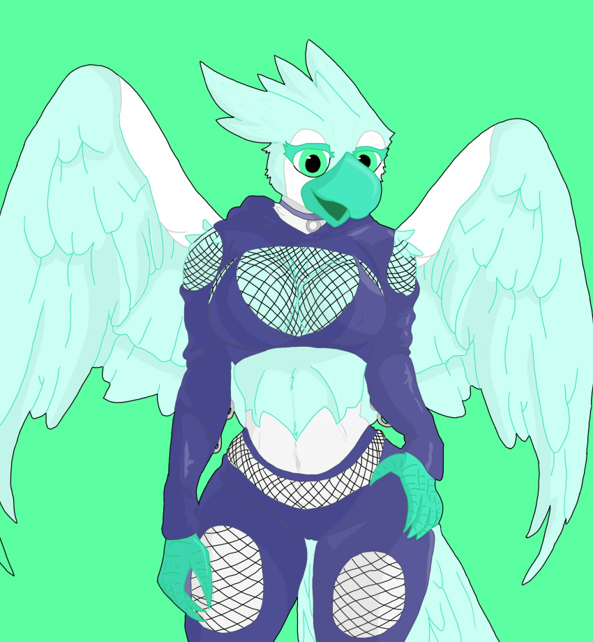 anthro avian beak bird blue_body blue_feathers blue_wings breasts clothed clothing digital_media_(artwork) feathered_wings feathers female hi_res kuby_owo looking_at_viewer open_mouth saanvi_(kuby_owo) simple_background smile solo white_body white_feathers wings