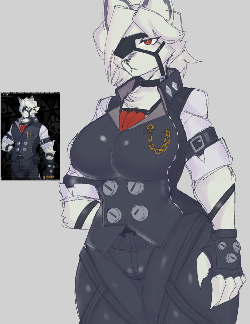 anthro breasts canid canine canis chain clothed clothing crossgender eye_patch eyewear female fingerless_gloves fur gloves hand_behind_back handwear hi_res mammal solo tozamtr von_lycaon white_body white_fur wolf zenless_zone_zero