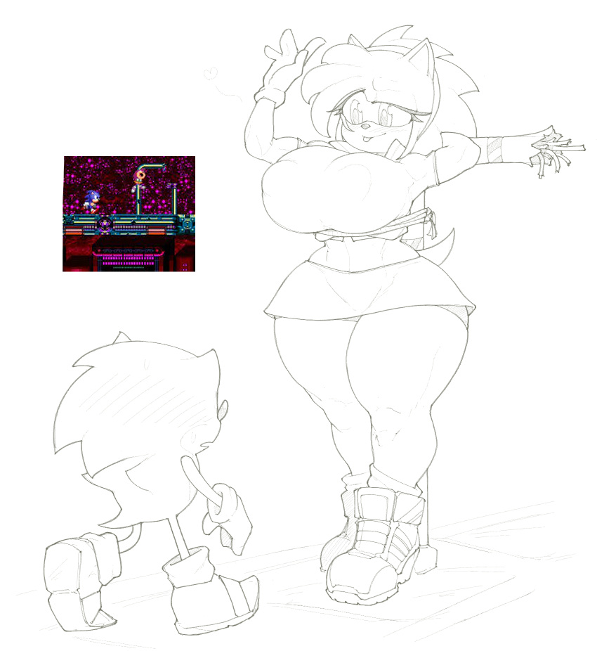 amy_rose anthro big_breasts black_and_white bottomwear bound breasts clothing duo eulipotyphlan exposed_stomach female game_screen harkonner hedgehog hi_res male male/female mammal monochrome nipple_outline sega size_difference skirt sonic_the_hedgehog sonic_the_hedgehog_(series) thick_thighs