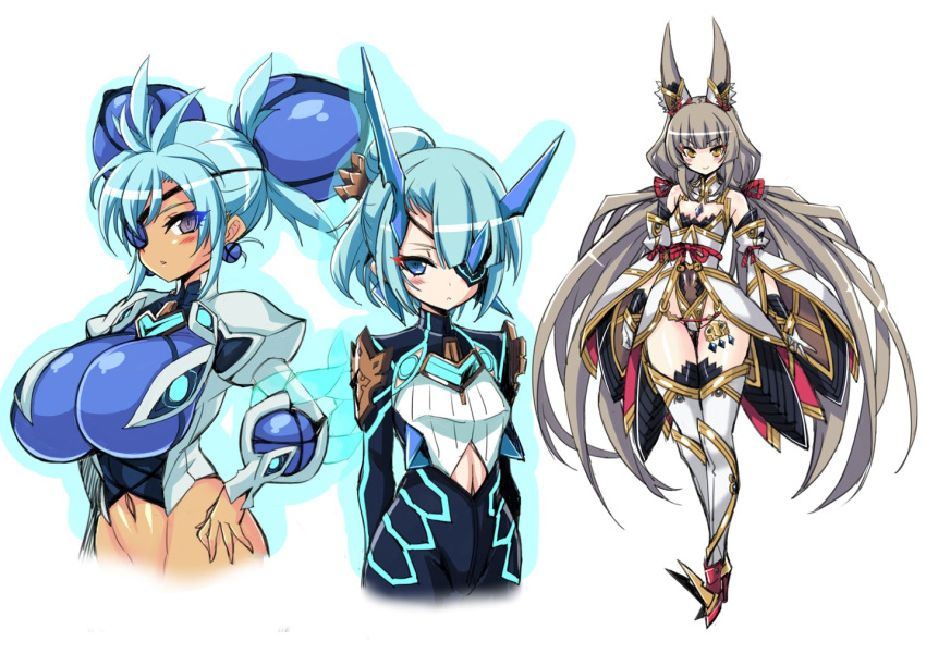 3girls animal_ears breasts chest_jewel detached_sleeves facial_mark hata_(transistor_baby) highleg highleg_leotard ice_horns large_breasts leotard long_hair low_twintails multiple_girls navel nia_(blade)_(xenoblade) nia_(xenoblade) praxis_(xenoblade) theory_(xenoblade) thighhighs twintails very_long_hair xenoblade_chronicles_(series) xenoblade_chronicles_2 yellow_eyes