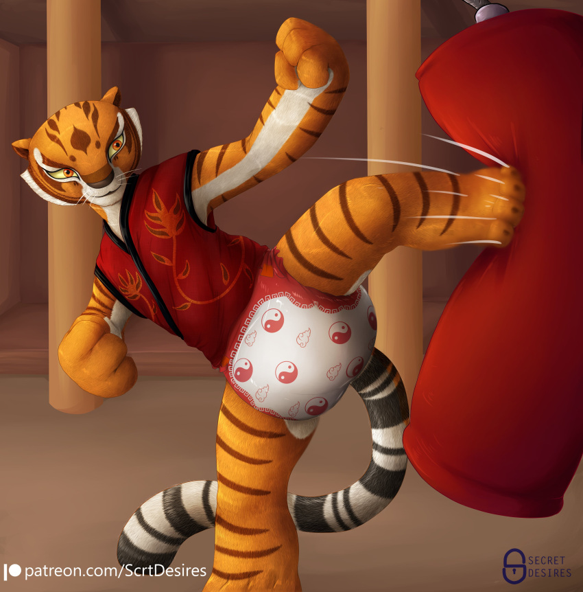 absurd_res anthro claws diaper dojo dreamworks felid female fists_clenched hi_res kick kung_fu_panda mammal master_tigress one_leg_up pantherine patreon punching_bag raised_leg secret_desires solo spread_legs spreading tiger training watermark whiskers