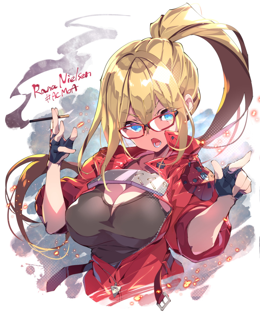 1girl :o armored_core armored_core:_master_of_arena blonde_hair blue_eyes breasts character_name commentary_request crop_top fingerless_gloves fujishima-sei_ichi-gou glasses gloves hair_between_eyes hashtag highres lana_nielsen large_breasts long_hair looking_at_viewer pointing ponytail red-framed_eyewear smoke_trail solo v-shaped_eyebrows white_background