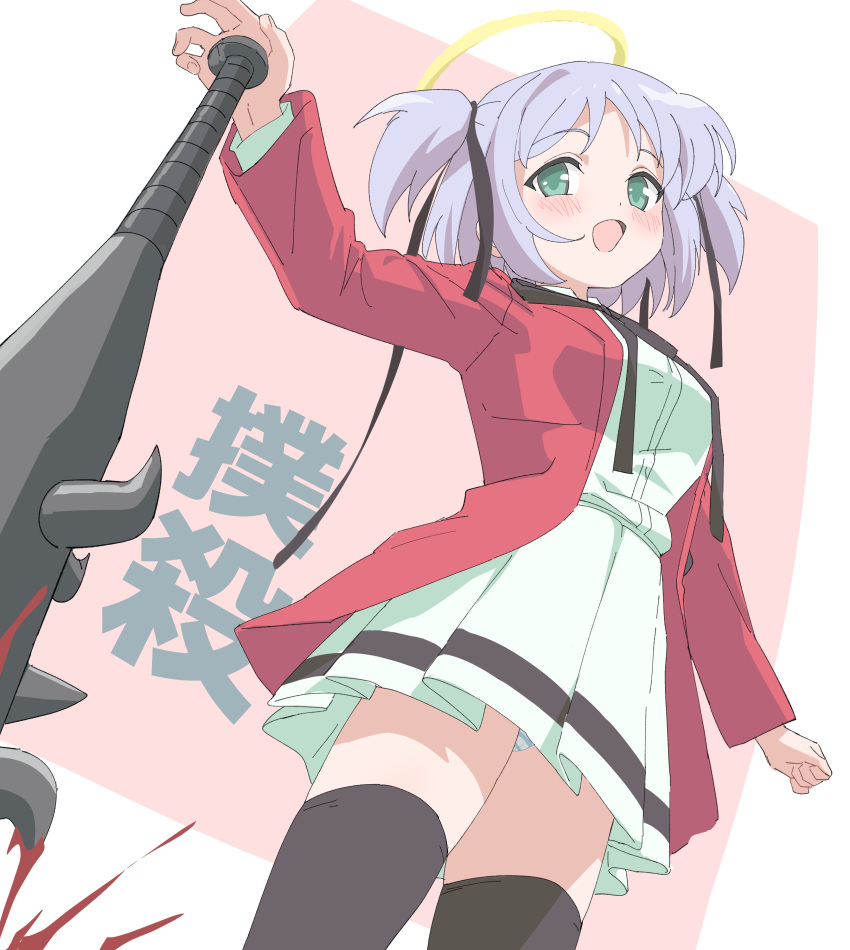 1girl :d absurdres black_ribbon black_thighhighs blood blush bokusatsu_tenshi_dokuro-chan breasts excalibolg green_eyes hair_ribbon halo highres jacket looking_at_viewer medium_breasts mitsukai_dokuro open_clothes open_jacket pink_background pleated_skirt purple_hair red_jacket ribbon shirt sincos skirt smile solo thighhighs translation_request two-tone_background two_side_up white_background white_shirt white_skirt