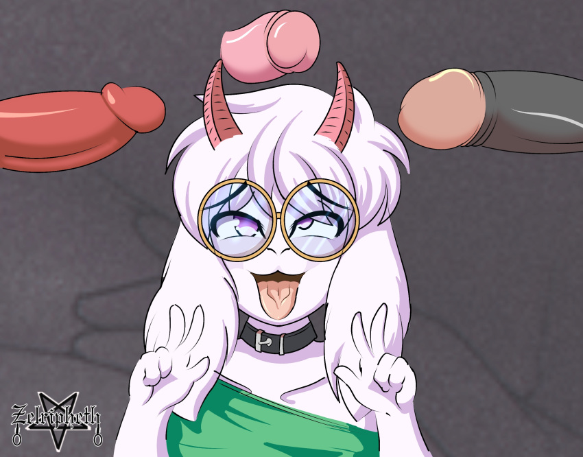 ahegao anthro baggy_clothing big_penis bovid caprine clothed clothing collar deltarune disembodied_penis domestic_goat eyewear floppy_ears fur genitals gesture glasses goat group hi_res horn looking_pleasured male male_anthro mammal penis ralsei round_glasses simple_background tongue tongue_out undertale_(series) v_sign video_games white_body white_fur zelripheth