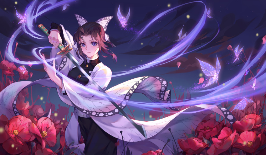 13694334150 1girl bangs belt belt_buckle black_hair black_jacket black_pants blue_butterfly blush breast_pocket breasts buckle bug butterfly butterfly_hair_ornament buttons closed_mouth commentary demon_slayer_uniform eyelashes field flower flower_field forehead hair_ornament haori highres holding holding_sword holding_weapon jacket japanese_clothes katana kimetsu_no_yaiba kochou_shinobu large_breasts looking_at_viewer multicolored_hair pants parted_bangs patterned_clothing pocket purple_butterfly purple_eyes purple_hair red_flower sidelocks smile solo standing sword sword_writing symbol-only_commentary two-tone_hair uniform unsheathed weapon white_belt wide_sleeves