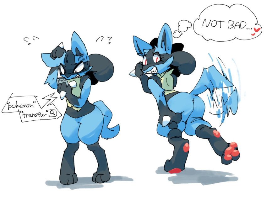 &lt;3 after_transformation ambiguous_gender anthro colored english_text lucario netchy_boo nintendo nude paws phone pok&eacute;mon pok&eacute;mon_(species) red_eyes simple_background solo speech_bubble tail_motion tailwag text video_games