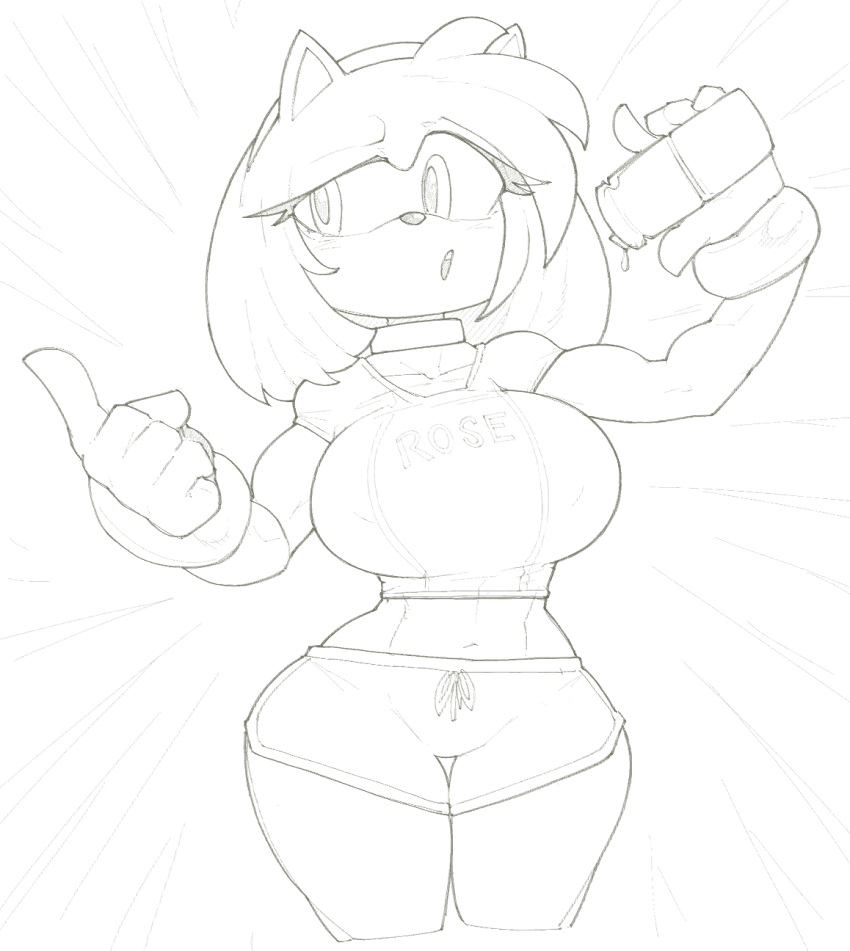 amy_rose anthro big_breasts black_and_white bottomwear breasts clothed clothing eulipotyphlan female gym_bottomwear gym_clothing gym_shorts harkonner hedgehog hi_res mammal monochrome organs sega shorts solo sonic_the_hedgehog_(series) stomach tight_clothing water_bottle