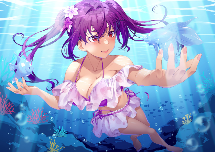 1girl bikini breasts bubble cleavage collarbone coral fate/grand_order fate_(series) fish highres large_breasts mukunokino_isshiki ocean off-shoulder_bikini off_shoulder purple_bikini purple_hair purple_swimsuit red_eyes scathach_skadi_(swimsuit_ruler)_(fate) school_of_fish smile solo swimming swimsuit twintails underwater