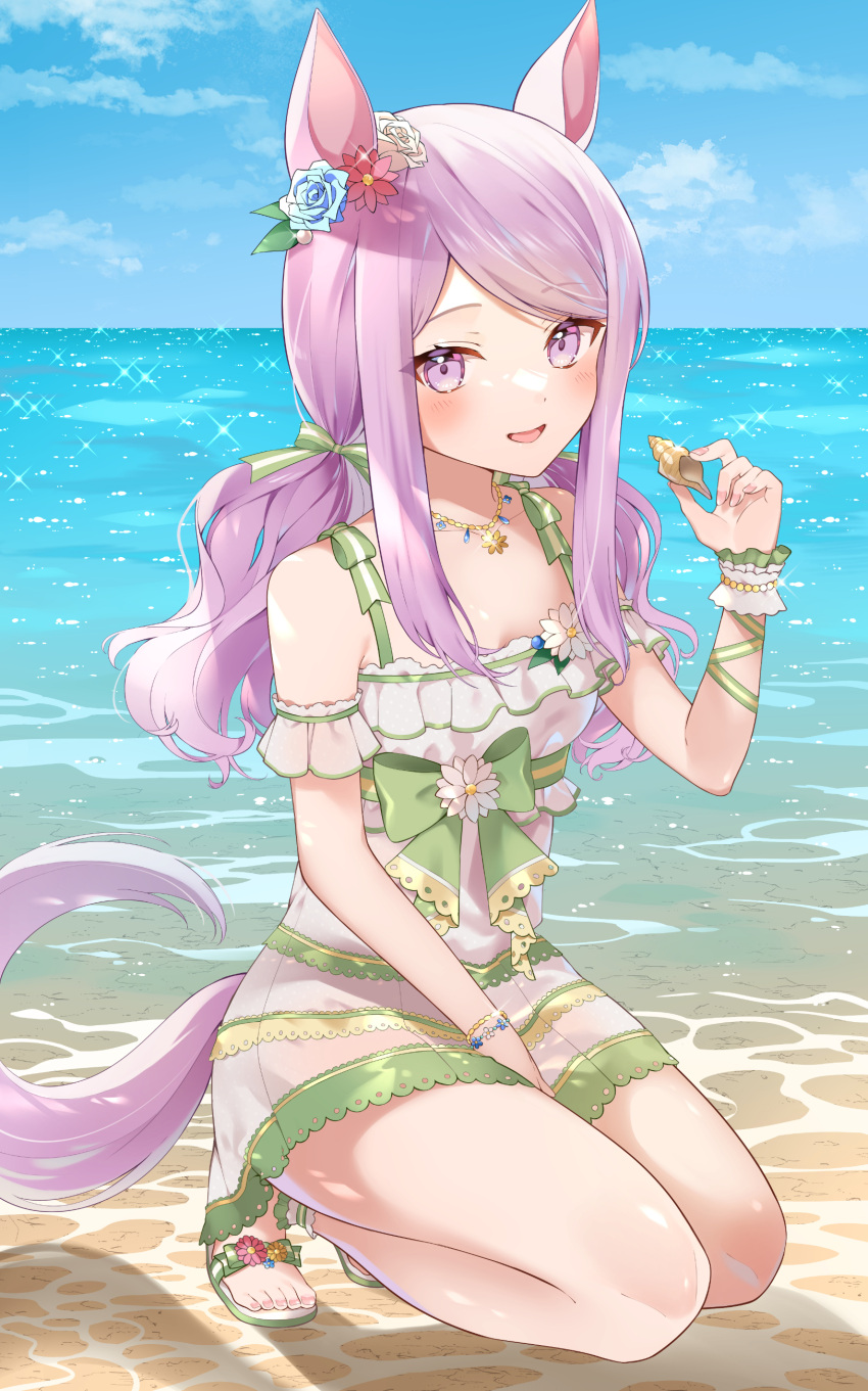 1girl absurdres alternate_costume animal_ears beach breasts collarbone commentary_request highres horse_ears horse_tail long_hair mejiro_mcqueen_(umamusume) nobell_(bell_no5) ocean open_mouth purple_eyes purple_hair sandals simple_background sitting sky small_breasts solo tail umamusume