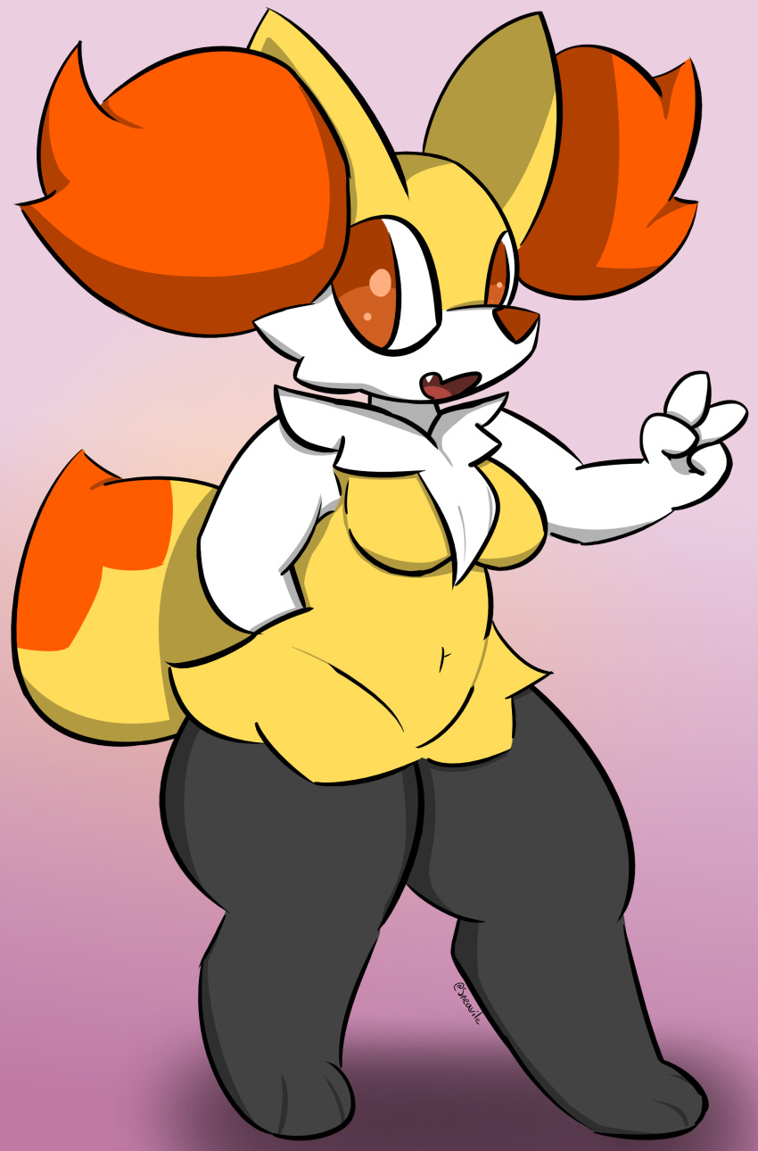 abstract_background absurd_res anthro big_ears big_eyes big_tail braixen breasts chest_tuft crotch_lines ear_tuft featureless_breasts female gesture hand_behind_back hi_res inner_ear_fluff looking_at_viewer medium_breasts navel nintendo pok&eacute;mon pok&eacute;mon_(species) short_stack smile sneavile solo thick_thighs tuft v_sign video_games wide_hips