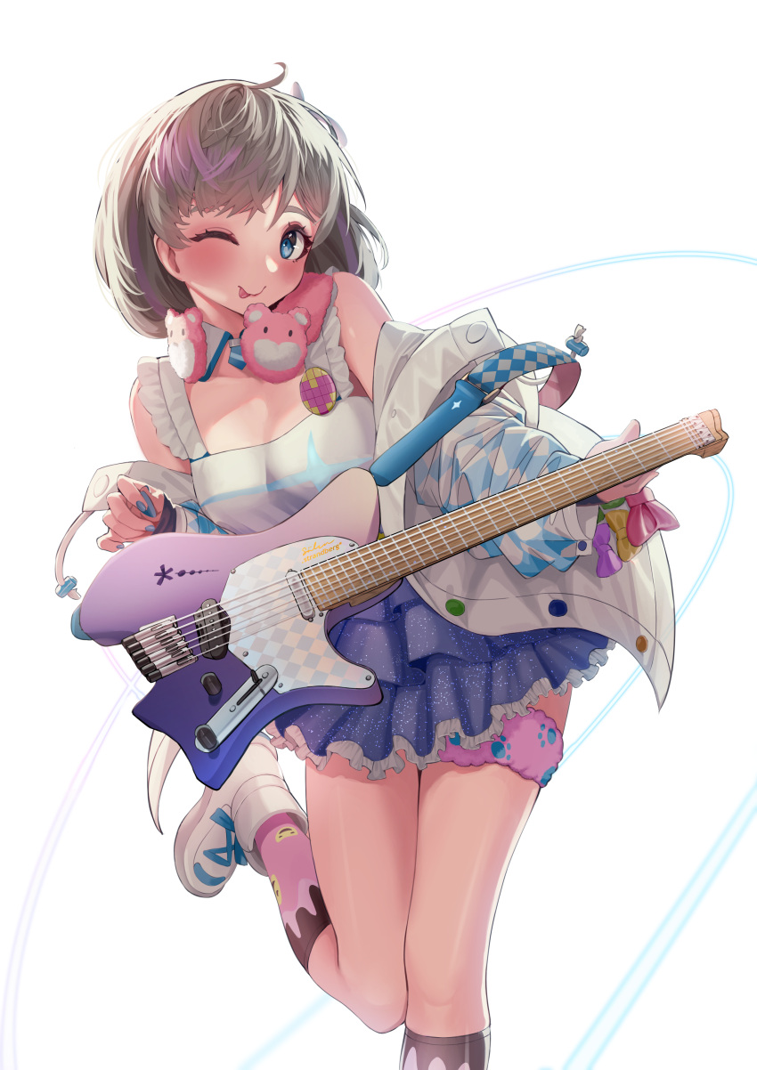 1girl ;p absurdres backlighting badge blue_eyes blue_skirt bob_cut bridal_garter brown_hair button_badge coat commentary electric_guitar english_commentary eyebrows_hidden_by_hair foot_up guitar hajimari_wa_kimi_no_sora highres holding holding_instrument instrument light_brown_hair looking_at_viewer love_live! love_live!_superstar!! medium_hair miniskirt mixed-language_commentary music off-shoulder_coat off_shoulder one_eye_closed open_clothes open_coat pink_socks playing_instrument plectrum simple_background skirt sleeveless socks solo standing standing_on_one_leg tang_keke tongue tongue_out ushio_ochinashi white_background white_coat white_footwear