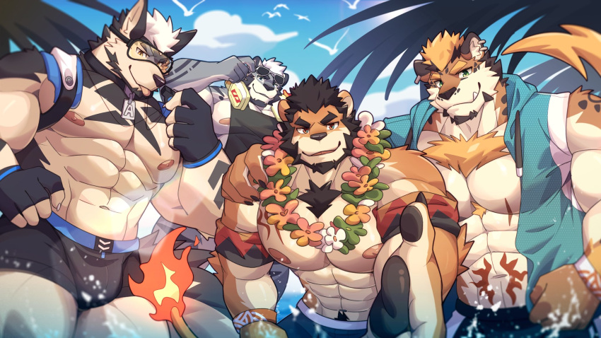 4boys :p abs alca_(wakatanka4) animal_ears arm_tattoo bara beach beard beckoning beenic black_hair black_male_swimwear bulge chest_tattoo eyewear_on_head facial_hair fang fang_out fingerless_gloves flower flower_necklace forgetch_(chen0for) furrification furry gloves goggles gyee hand_on_another's_shoulder headphones headphones_around_neck highres large_pectorals lion_boy lion_ears lion_tail looking_at_viewer male_focus male_swimwear mature_male multiple_boys muscular muscular_male navel navel_hair nipple_slip nipples original outstretched_hand pectorals reaching_out romg second-party_source short_hair sideburns sidepec smile stomach stomach_tattoo sunglasses swim_trunks tail tattoo thick_eyebrows thick_thighs thighs tongue tongue_out topless_male zixiong_zix_(character)