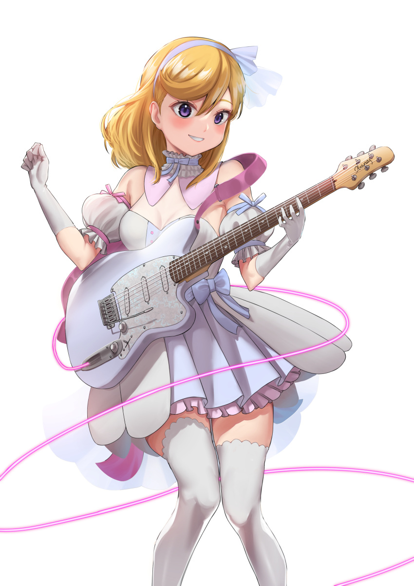 1girl absurdres bangs commentary detached_sleeves dress elbow_gloves electric_guitar english_commentary gloves grin guitar hair_between_eyes hand_up highres holding holding_instrument ibanez instrument long_hair looking_at_viewer love_live! love_live!_superstar!! mixed-language_commentary music orange_hair playing_instrument puffy_short_sleeves puffy_sleeves purple_eyes shibuya_kanon short_dress short_sleeves simple_background smile solo strapless strapless_dress thighhighs tiny_stars ushio_ochinashi whammy_bar white_background white_dress white_gloves white_thighhighs