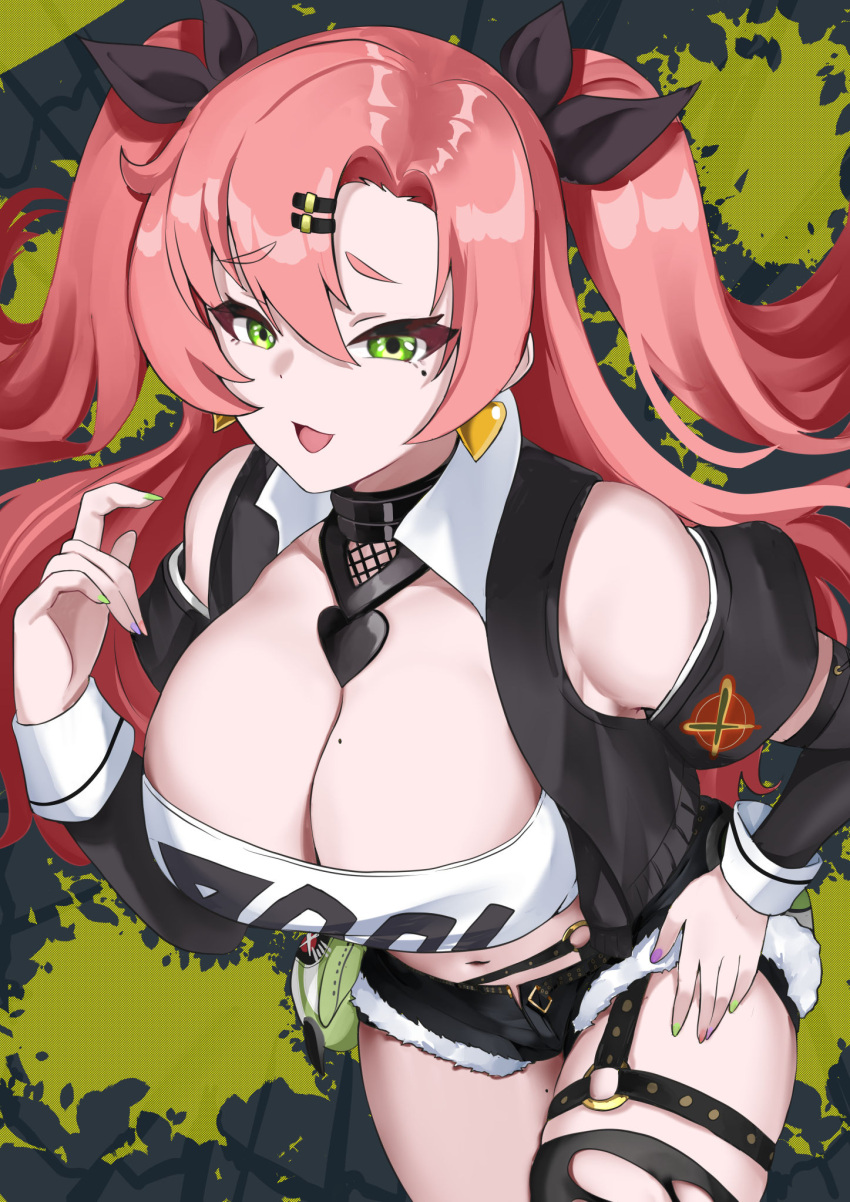 1girl bangboo_(zenless_zone_zero) bangs black_jacket black_ribbon black_shorts black_thighhighs blush breasts cleavage commentary crop_top cutoffs earrings green_eyes heart heart_earrings highres jacket jewelry large_breasts long_hair long_sleeves looking_at_viewer micro_shorts mole mole_on_breast navel nicole_demara open_mouth pink_hair ribbon shorts single_thighhigh smile solo strapless thighhighs thighs tian_kazuki tube_top two_side_up zenless_zone_zero