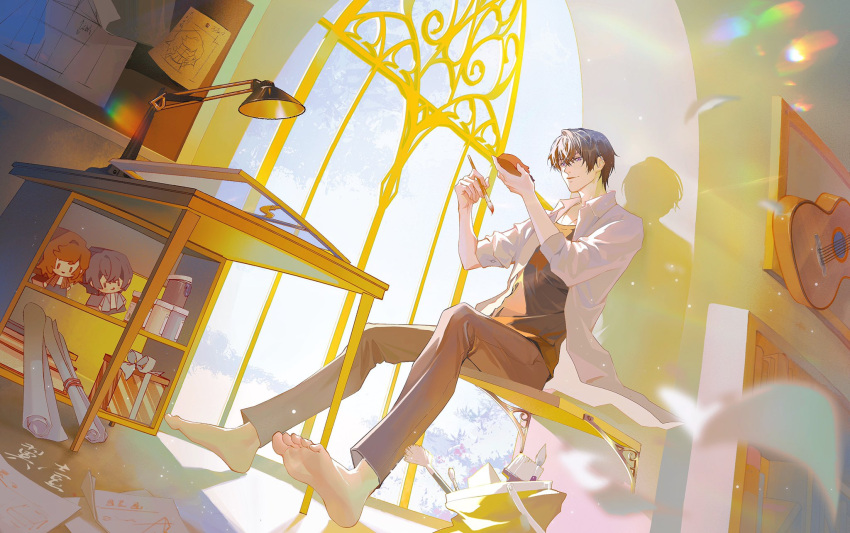 1boy bangs barefoot black_shirt blue_pants blue_sky chair closed_mouth cloud cloudy_sky doll full_body guitar highres holding holding_brush indoors instrument jacket lamp long_sleeves marius_von_hagen_(tears_of_themis) pants purple_eyes purple_hair rosa_(tears_of_themis) shadow shirt short_hair sitting sky smile soles solo table tears_of_themis toes white_jacket window yiy1123