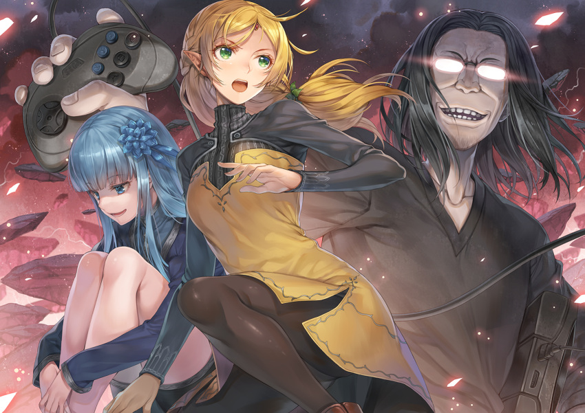 1boy 2girls bangs black_hair black_pantyhose black_shirt black_skirt blonde_hair blue_eyes blue_hair blue_shirt collarbone commentary_request controller dress forehead game_console game_controller glasses glowing_glasses green_eyes hagure_keg holding hugging_own_legs isekai_ojisan juliet_sleeves knees_up long_hair long_sleeves looking_away looking_to_the_side mabel_raybert multiple_girls opaque_glasses open_mouth pantyhose parted_bangs pointy_ears puffy_sleeves sega shibazaki_yousuke shirt sitting skirt standing standing_on_one_leg strapless strapless_dress sui_(isekai_ojisan) yellow_dress