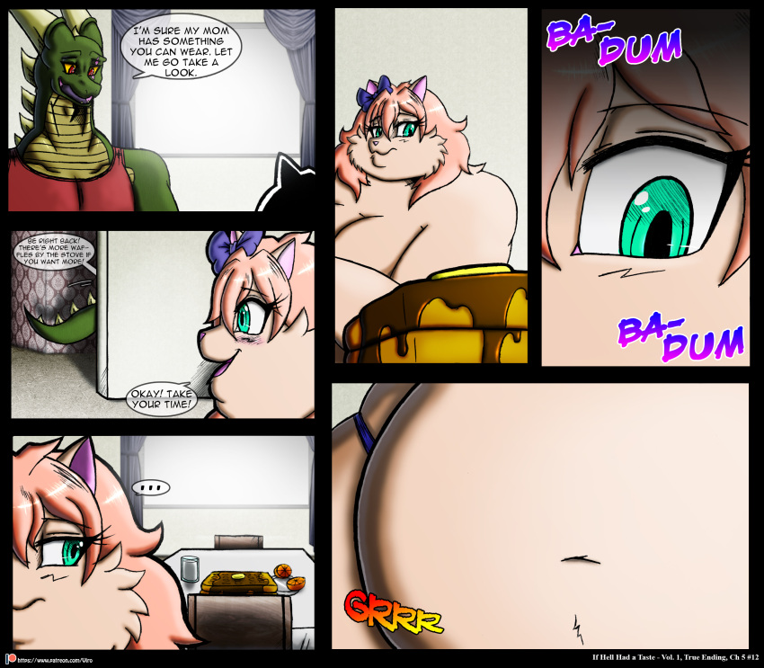 2019 absurd_res accessory anthro belly big_belly big_breasts blush bow_ribbon breasts butter chair clothed clothing colored comic covering covering_breasts dairy_products deep_navel domestic_cat dragon duo english_text felid feline felis female food fruit furniture glass green_body green_scales hair hair_accessory hair_bow hair_ribbon hi_res horn if_hell_had_a_taste male mammal maple_syrup marci_hetson milk multicolored_body multicolored_scales navel obese obese_anthro obese_female open_mouth orange_(fruit) overweight overweight_anthro overweight_female panties pink_hair plant red_eyes ribbons rumbling_stomach scales scar skylar_fidchell speech_bubble syrup table teal_eyes text topless two_tone_body two_tone_scales underwear viroveteruscy waffle window window_curtains yellow_body yellow_scales yellow_sclera