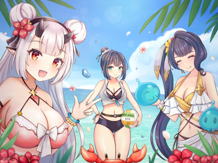 3girls alexa_(epic_seven) aqua_eyes ball bellona_(epic_seven) black_hair black_horns bracelet closed_eyes closed_mouth cloud crab double_bun epic_seven flower frostdrop_(epic_seven) hair_bun hair_flower hair_ornament highres holding holding_ball holiday_yufine_(epic_seven) horns jewelry multiple_girls narijade navel open_mouth orange_eyes pointy_ears red_flower seaside_bellona_(epic_seven) smile summer summer's_disciple_alexa_(epic_seven) swimsuit v volleyball white_hair yufine_(epic_seven)